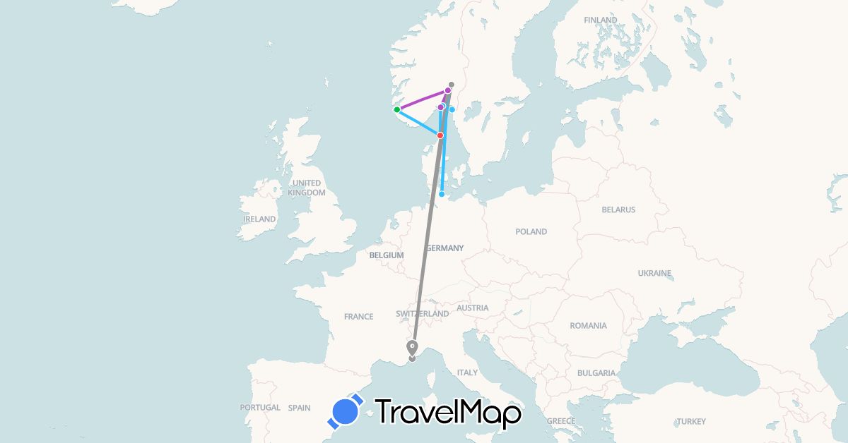 TravelMap itinerary: driving, bus, plane, train, hiking, boat in Germany, Denmark, France, Norway, Sweden (Europe)